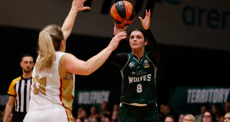A photo of a basketball player for the Joondalup Wolves taking a shot