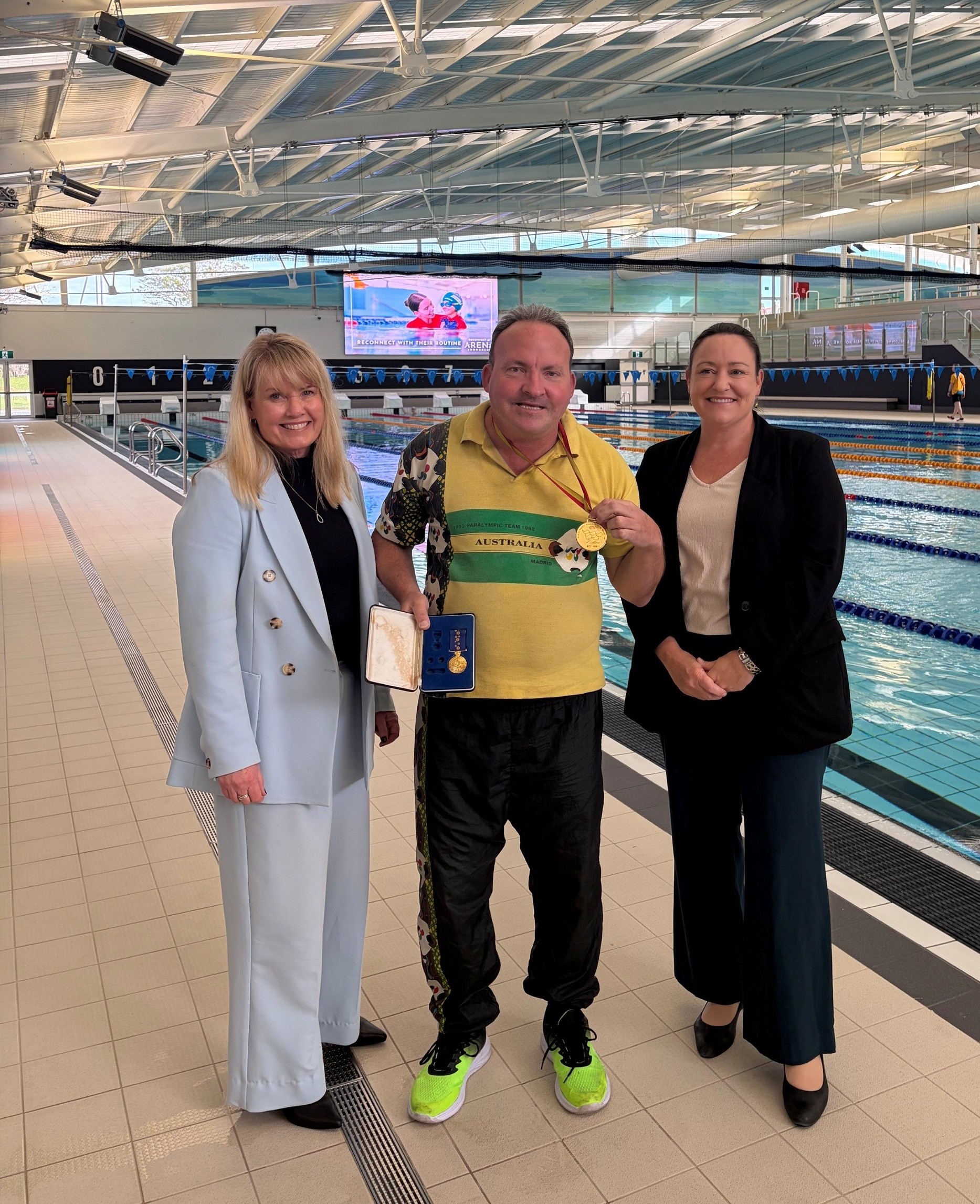 VenuesWest CEO, Janis Carren, Joshua Hofer OAM and Emily Hamilton, MLA, Member for Joondalup at Arena Joondalup.